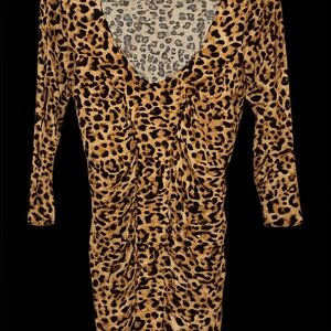 Leopard Print V-Neck Ruched Dress - Black & Tan
